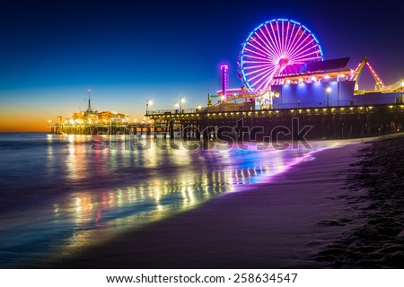 The Santa Monica Pier at night, in Santa Monica, California.