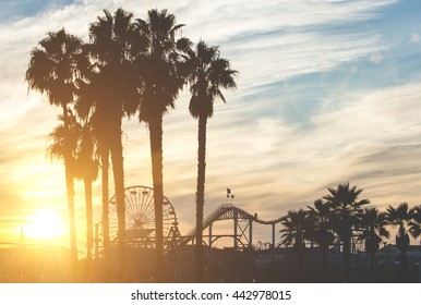 Santa monica pier with palms silhouettes