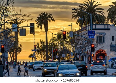 Santa Monica, USA. Circa May 2013. Busy Santa Monica Street With Ocean Sunset Background.