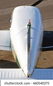 SANTA MONICA/CALIFORNIA - JULY 24, 2016: Top View Of A 1961 Piper PA-28-160 Fixed Wing Single Engine Aircraft Taxiing Parked On The Tarmac At Santa Monica Airport In Santa Monica, California USA