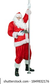 Santa is pole dancer, dancing with pylon. Funny Santa Claus dances with pole on white background. Christmas coming