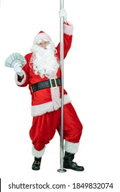 Santa is pole dancer, holds fan of dollars money notes. Santa Claus dances with pole on white background. Christmas coming
