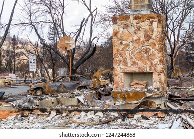 Santa Rosa, CA / USA - 11 09 2017: View Through Burned House Near Santa Rosa, California, Where Wildfires In Early October 2017 Destroyed More Than 5000 Homes And Killed 22 People.