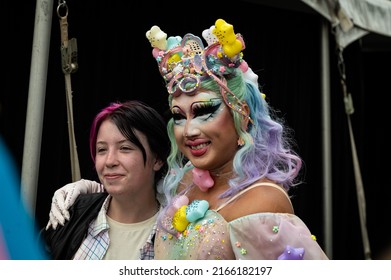 SANTA ROSA, CA, U.S.A. - JUNE 4, 2022: Photo Of Rock M. Sakura, Drag Queen From The 12th Season Of RuPaul’s Drag Race With A Fan At The Sonoma County Pride Festival.