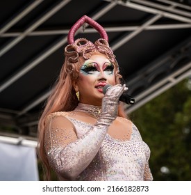 SANTA ROSA, CA, U.S.A. - JUNE 4, 2022: Photo Of Emcee Rock M. Sakura At Sonoma County Pride.  Sakura Was A Contestant On Season 12 Of RuPaul’s Drag Race.