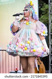 SANTA ROSA, CA, U.S.A. - JUNE 4, 2022: Photo Of Emcee Rock M. Sakura Singing At Sonoma County Pride.  Sakura Was A Contestant On Season 12 Of Rupal’s Drag Race.