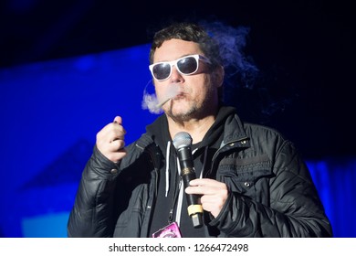 Santa Rosa, CA/USA - 12/16/2018: Comedian Doug Benson Smokes A Joint On Stage At The Emerald Cup. He Starred In Last Comic Standing, Super High Me, The High Court With Doug Benson. 