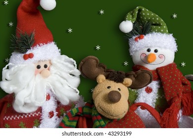 Santa, Rudolph and Frosty on a green background. - Powered by Shutterstock