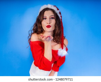 Santa With Snowflake Blue Background Red Woman Red Dress Red Lipstick Young Woman Christmas Woman Christmas Background Xmas Pretty Woman Santa Lady Winter Portrait New Year, Yeni Yıl, 2019, 2020