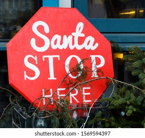 Santa Stop Here Sign In New Year Tree