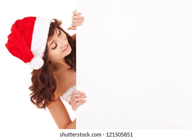 Santa woman looking at white blank board - Powered by Shutterstock