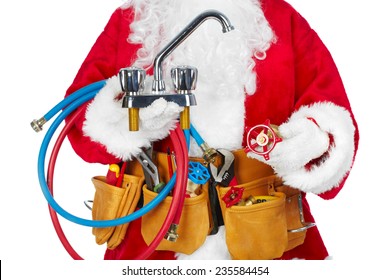 Santa Worker with a tool belt over white background.