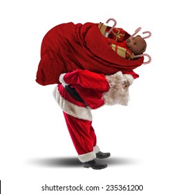 Santaclaus Carrying A Heavy Gift Red Sack