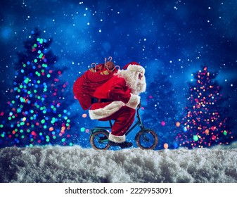 Santaclaus rides bike to deliver fast christmas gifts
