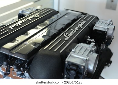 Sant'Agata Bolognese, ITALY - SEPTEMBER 1, 2014: Lamborghini Engine Motor Details