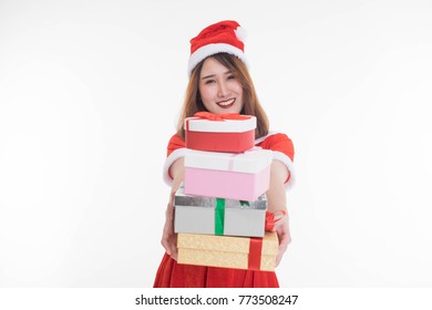 Santagirl Hands Give A Christmas Gift