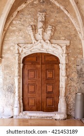 Santarem, Portugal. September 10, 2015: Manueline Portal In The Sao Francisco Convent. 13th Century Mendicant Gothic Architecture. Franciscan Religious Order.