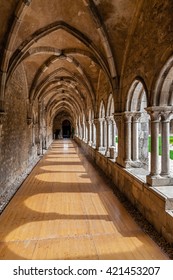 Santarem, Portugal. September 10, 2015: Cloister Corridors Of The Sao Francisco Convent. 13th Century Mendicant Gothic Architecture. Franciscan Religious Order.