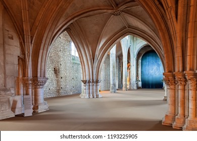 Santarem, Portugal - September 11, 2017: Bellow The Rood Screen Or Choir Screen In The Church Of Convento De Sao Francisco Convent. 13th Century Mendicant Gothic. Franciscan Religious Order