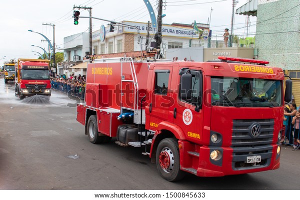 Santarem/Para/Brazil - Sep 07, 2019: Para State\
Fire Department showing off their firefighting vehicles during the\
Independence Day\
parade.