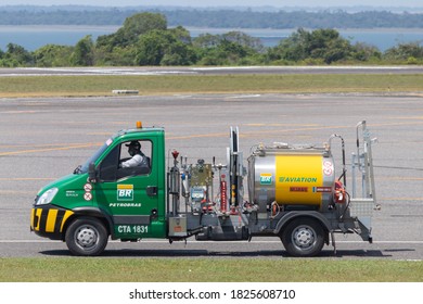 Santarem/Para/Brazil - Sep 29, 2020: Petrobras Aviation Mini Fuel Tanker Truck To Transport Aviation Gasoline (AVGAS 100LL) To Supply Small Aircraft At Santarem Airport (SBSN).