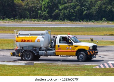 Santarem/Para/Brazil - Sep 29, 2020: Shell Mini Fuel Tanker Truck To Transport Aviation Gasoline (AVGAS 100LL) To Supply Small Aircraft At Santarem Airport (SBSN).