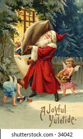 Santa's Delivery - an early 1900s vintage greeting card illustration.
