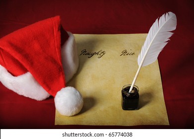 Santa's List With Naughty And Nice Columns And Quill, Ink, And Parchment Paper