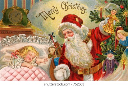 Santa's Midnight visit - an early 1900s vintage greeting card illustration.