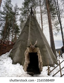 Santa's Village, Finland - March 20th, 2022: A traditional sami kota made of fabric, on display in Santa's village, Finland.
