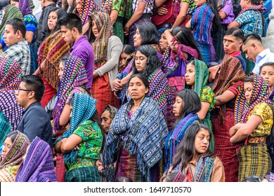 Santiago Atitlan, Guatemala -  April 18, 2019: Crowds outside church during Holy Thursday celebrations in Lake Atitlan town.