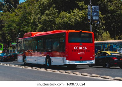 SANTIAGO, CHILE - DECEMBER 2019: A Red Movilidad (Ex Transantiago) Electric Bus In Estación Central