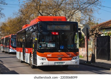 Santiago, Chile -  July 2022: A Transantiago, Or Red Metropolitana De Movilidad, Bus In Santiago