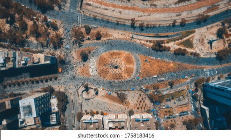 Santiago De Chile 10/20/2019 Aerial Aerial Photography With A Drone On Baquedano Square Where You Can See The Thousands Of Protesters Who Arrive At The Place.