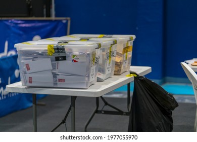 Santiago De Chile, Chile, May 16, 2021. Ballot Boxes On The Table With 3 Different Elections, Prepared For Their Review And The Final Count.