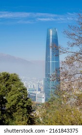 Santiago de Chile, May 2022. Panoramic view from San Cristobal hill, Torre Costanera Center.