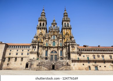 Santiago De Compostela Cathedral, Facade Del Obradoiro Empty Of People At A Summer Day