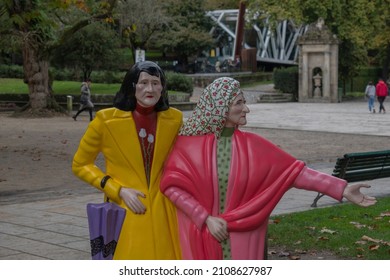 SANTIAGO DE COMPOSTELA, SPAIN - Nov 01, 2021: The Two Marias sculpture in the street of Santiago de Compostela