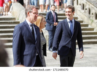 
Santiago De Compostela-Spain. Alberto Nuñez Feijoo, President Of The Xunta De Galicia Together With Pablo Casado, President Of The Popular Party And Ana Pastor On April 10, 2019