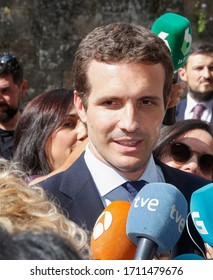 Santiago De Compostela-Spain. Press Conference Of Pablo Casado, National President Of The Political Party Partido Popular (PP) On April 10, 2019