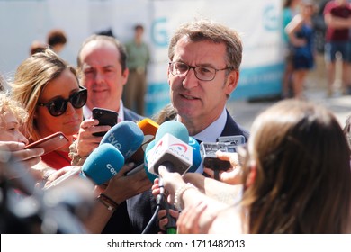 Santiago De Compostela-Spain. Press Conference Of Alberto Nuñez Feijoo, President Of The Xunta De Galicia Together With Pablo Casado, President Of The Popular Party On April 10, 2019