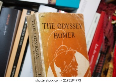 Santiago De Los Caballeros Dominican Republic; Oct, 22, 2022:
The Odyssey Book On A Bookshelf With Other Classic Literature Pieces.
