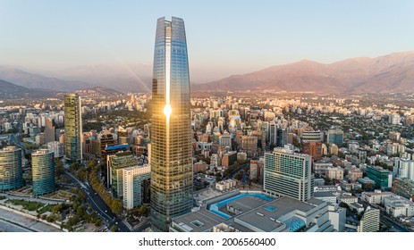 Santiago, Santiago Metropolitan Region, Chile - Circa March 2020: Aerial view of the highest skyscraper in Santiago de Chile during sunset. Sky Costanera.