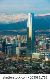 Santiago, Region Metropolitana, Chile - Panoramic view of Providencia and Las Condes districts with Costanera Center skyscraper and Los Andes Mountain Range in the back.