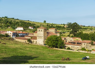 Santillana Del Mar, Spain - August 8, 2016: View Of The Medieval Village Of Santillana Del Mar With People Riding On A Horse In Cantabria, Spain