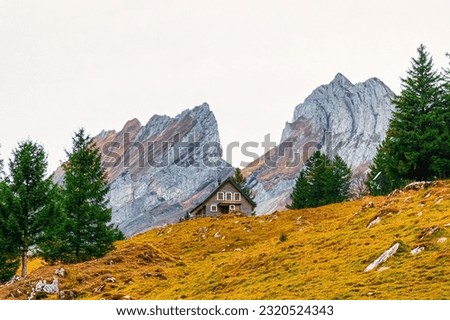 Santis Mountain on a cloudy day with a chalet below
