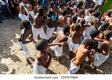 Santo Amaro, Bahia, Brazil - July 24, 2022: Members Of The Cultural Event Nego Fugido Dance And Sing In A Group For The End Of Slavery In Acupe, Santo Amaro, Bahia.