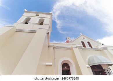 SANTO CERRO, LA VEGA/DOMINICAN REPUBLIC - JUNE 24, 2019: Front view of Las Mercedes catholic church located in Santo Cerro, La Vega. Historic place where Christopher Columbus planted the first cross.