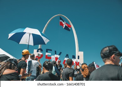 Santo Domingo, Dominican Republic, 02-27-2020: Protesters Gather At La Plaza De La Bandera To Celebrate Dominican Independence Day And Demand Demand Answers From The Central Electoral Board.