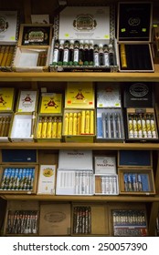 SANTO DOMINGO, DOMINICAN REPUBLIC - NOVEMBER 20, 2014: Assortment Of Dominican And Imported Cigars On Display At Cigar Shop In Santo Domingo